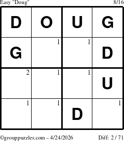 The grouppuzzles.com Easy Doug puzzle for Friday April 24, 2026 with the first 2 steps marked