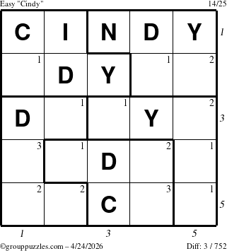 The grouppuzzles.com Easy Cindy puzzle for Friday April 24, 2026 with all 3 steps marked