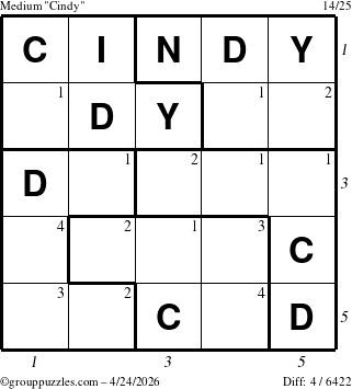 The grouppuzzles.com Medium Cindy puzzle for Friday April 24, 2026, suitable for printing, with all 4 steps marked