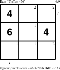 The grouppuzzles.com Easy TicTac-456 puzzle for Friday April 24, 2026, suitable for printing, with all 2 steps marked