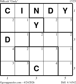 The grouppuzzles.com Difficult Cindy puzzle for Friday April 24, 2026, suitable for printing, with all 4 steps marked
