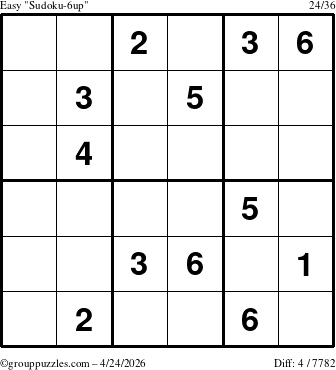 The grouppuzzles.com Easy Sudoku-6up puzzle for Friday April 24, 2026