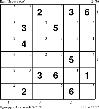 The grouppuzzles.com Easy Sudoku-6up puzzle for Friday April 24, 2026, suitable for printing, with all 4 steps marked