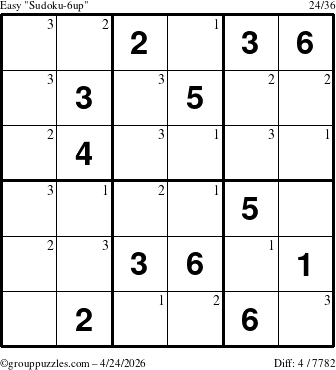 The grouppuzzles.com Easy Sudoku-6up puzzle for Friday April 24, 2026 with the first 3 steps marked