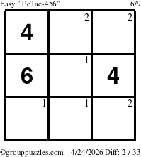 The grouppuzzles.com Easy TicTac-456 puzzle for Friday April 24, 2026 with the first 2 steps marked