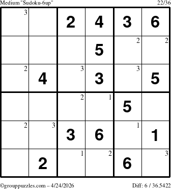 The grouppuzzles.com Medium Sudoku-6up puzzle for Friday April 24, 2026 with the first 3 steps marked