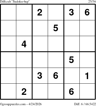 The grouppuzzles.com Difficult Sudoku-6up puzzle for Friday April 24, 2026
