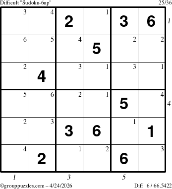 The grouppuzzles.com Difficult Sudoku-6up puzzle for Friday April 24, 2026, suitable for printing, with all 6 steps marked