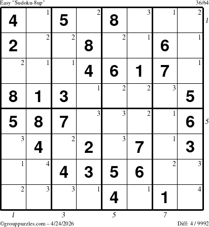 The grouppuzzles.com Easy Sudoku-8up puzzle for Friday April 24, 2026 with all 4 steps marked