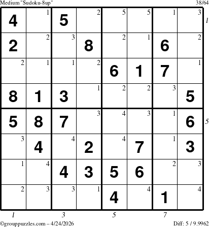 The grouppuzzles.com Medium Sudoku-8up puzzle for Friday April 24, 2026 with all 5 steps marked