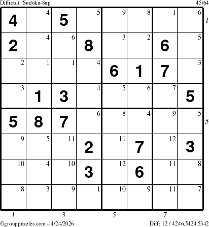 The grouppuzzles.com Difficult Sudoku-8up puzzle for Friday April 24, 2026, suitable for printing, with all 12 steps marked