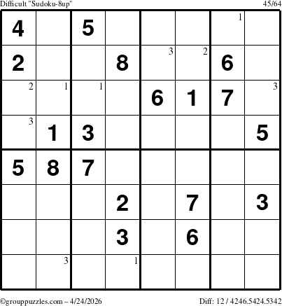 The grouppuzzles.com Difficult Sudoku-8up puzzle for Friday April 24, 2026 with the first 3 steps marked