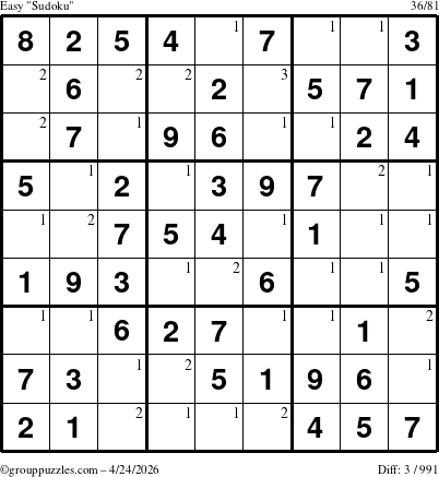 The grouppuzzles.com Easy Sudoku puzzle for Friday April 24, 2026 with the first 3 steps marked