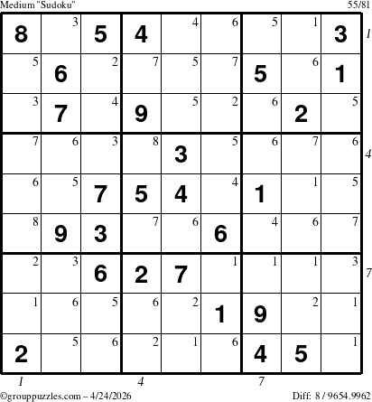 The grouppuzzles.com Medium Sudoku puzzle for Friday April 24, 2026 with all 8 steps marked
