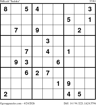 The grouppuzzles.com Difficult Sudoku puzzle for Friday April 24, 2026