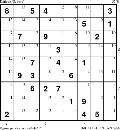 The grouppuzzles.com Difficult Sudoku puzzle for Friday April 24, 2026 with all 14 steps marked