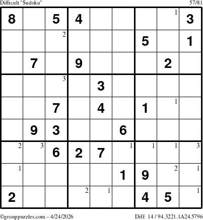 The grouppuzzles.com Difficult Sudoku puzzle for Friday April 24, 2026 with the first 3 steps marked