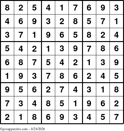 The grouppuzzles.com Answer grid for the Sudoku puzzle for Friday April 24, 2026