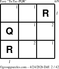 The grouppuzzles.com Easy TicTac-PQR puzzle for Friday April 24, 2026, suitable for printing, with all 2 steps marked