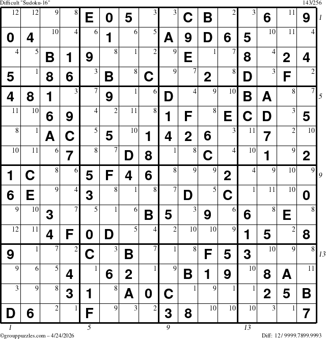 The grouppuzzles.com Difficult Sudoku-16 puzzle for Friday April 24, 2026 with all 12 steps marked
