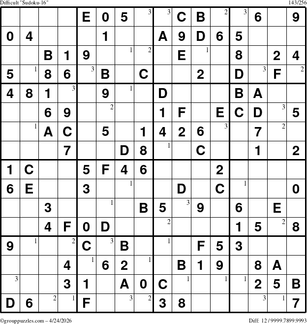 The grouppuzzles.com Difficult Sudoku-16 puzzle for Friday April 24, 2026 with the first 3 steps marked