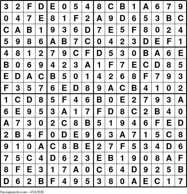 The grouppuzzles.com Answer grid for the Sudoku-16 puzzle for Friday April 24, 2026