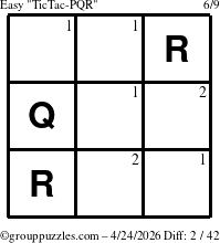 The grouppuzzles.com Easy TicTac-PQR puzzle for Friday April 24, 2026 with the first 2 steps marked
