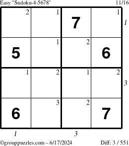 The grouppuzzles.com Easy Sudoku-4-5678 puzzle for Monday June 17, 2024 with all 3 steps marked