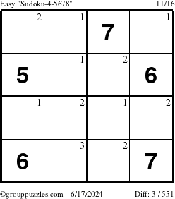 The grouppuzzles.com Easy Sudoku-4-5678 puzzle for Monday June 17, 2024 with the first 3 steps marked