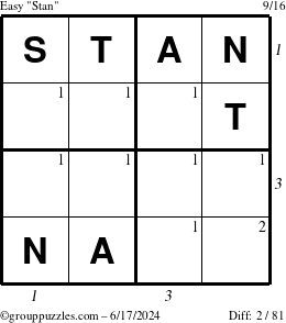 The grouppuzzles.com Easy Stan puzzle for Monday June 17, 2024, suitable for printing, with all 2 steps marked