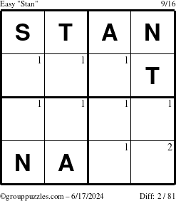 The grouppuzzles.com Easy Stan puzzle for Monday June 17, 2024 with the first 2 steps marked