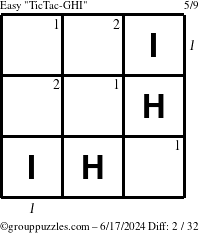 The grouppuzzles.com Easy TicTac-GHI puzzle for Monday June 17, 2024 with all 2 steps marked