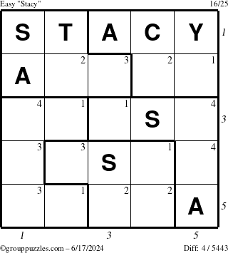 The grouppuzzles.com Easy Stacy puzzle for Monday June 17, 2024 with all 4 steps marked