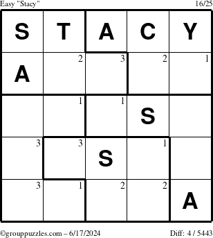 The grouppuzzles.com Easy Stacy puzzle for Monday June 17, 2024 with the first 3 steps marked