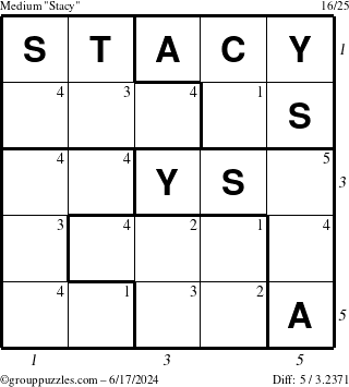 The grouppuzzles.com Medium Stacy puzzle for Monday June 17, 2024 with all 5 steps marked