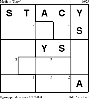 The grouppuzzles.com Medium Stacy puzzle for Monday June 17, 2024 with the first 3 steps marked