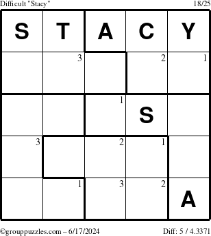 The grouppuzzles.com Difficult Stacy puzzle for Monday June 17, 2024 with the first 3 steps marked