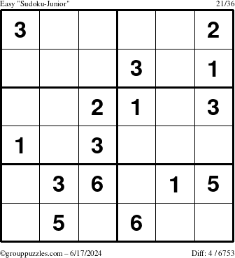 The grouppuzzles.com Easy Sudoku-Junior puzzle for Monday June 17, 2024