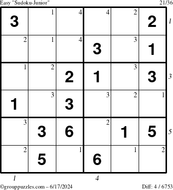 The grouppuzzles.com Easy Sudoku-Junior puzzle for Monday June 17, 2024 with all 4 steps marked