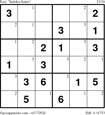 The grouppuzzles.com Easy Sudoku-Junior puzzle for Monday June 17, 2024 with the first 3 steps marked