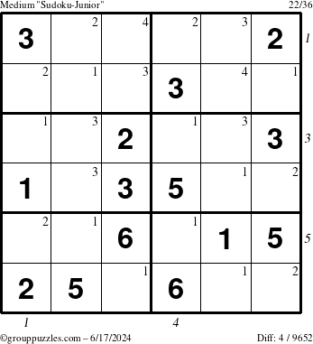 The grouppuzzles.com Medium Sudoku-Junior puzzle for Monday June 17, 2024 with all 4 steps marked