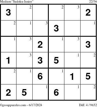 The grouppuzzles.com Medium Sudoku-Junior puzzle for Monday June 17, 2024 with the first 3 steps marked