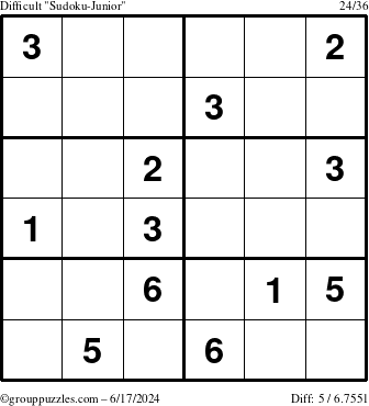 The grouppuzzles.com Difficult Sudoku-Junior puzzle for Monday June 17, 2024