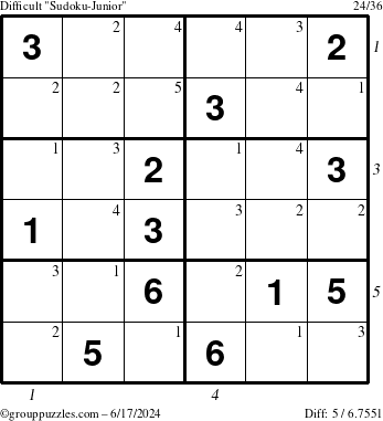 The grouppuzzles.com Difficult Sudoku-Junior puzzle for Monday June 17, 2024 with all 5 steps marked