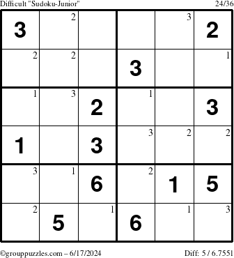 The grouppuzzles.com Difficult Sudoku-Junior puzzle for Monday June 17, 2024 with the first 3 steps marked