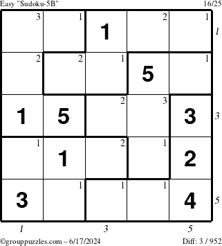 The grouppuzzles.com Easy Sudoku-5B puzzle for Monday June 17, 2024 with all 3 steps marked