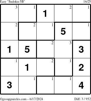 The grouppuzzles.com Easy Sudoku-5B puzzle for Monday June 17, 2024 with the first 3 steps marked