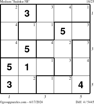 The grouppuzzles.com Medium Sudoku-5B puzzle for Monday June 17, 2024, suitable for printing, with all 4 steps marked