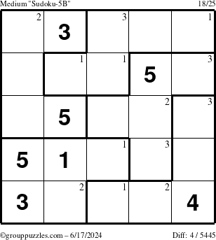 The grouppuzzles.com Medium Sudoku-5B puzzle for Monday June 17, 2024 with the first 3 steps marked