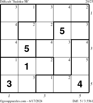 The grouppuzzles.com Difficult Sudoku-5B puzzle for Monday June 17, 2024 with all 5 steps marked